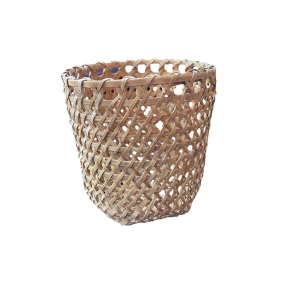 Vintage Round Diagonal Woven Wicker Basket Trash Can Planter Pot 7 Inch Home - Picture 1 of 12